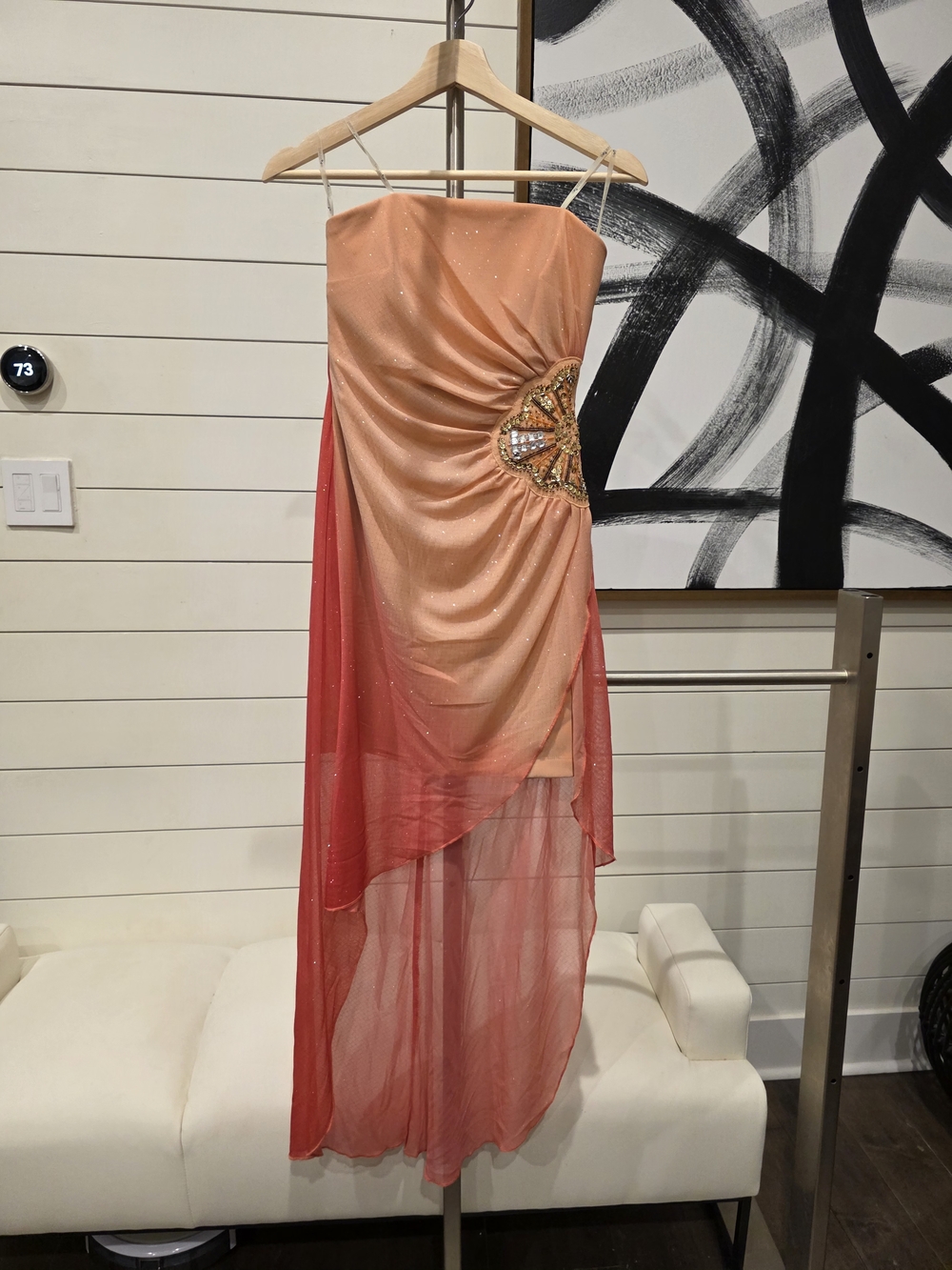 Sleeveless Ombre Coral & Peach Evening Dress with Embellished Waist